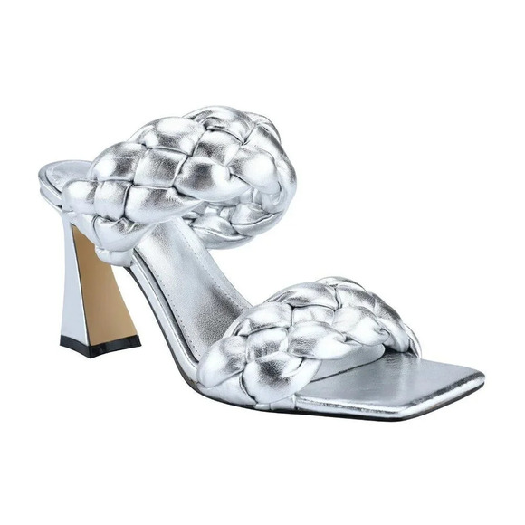 NIB Marc Fisher Hammy Braided Leather Heeled Sandals Silver Size 9 M (MSRP $165) - Picture 1 of 10